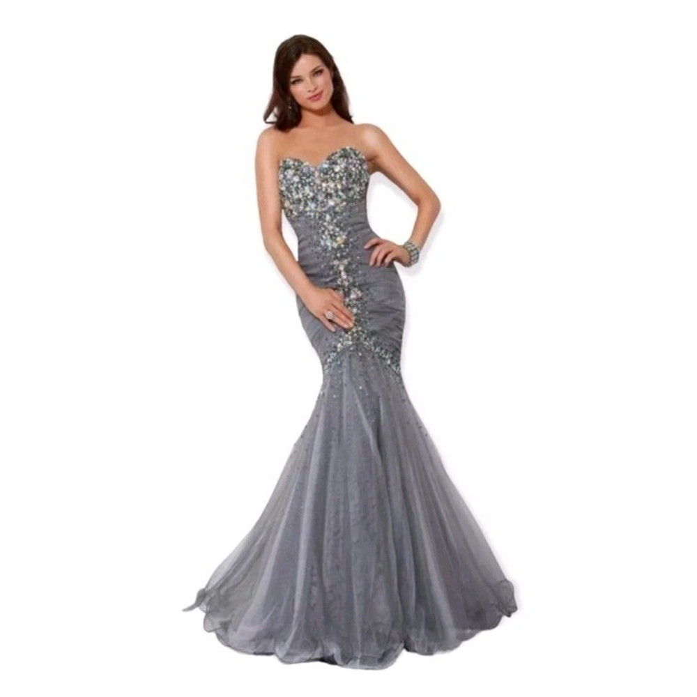 Jovani Pewter Mesh Beaded Strapless Prom Gala Pageant Evening Mermaid Gown 4